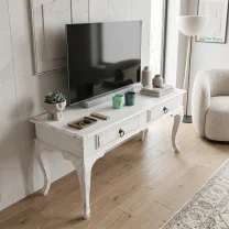 120 Cm Masif Çekmeceli Beyaz Eskitme Tv Sehpası