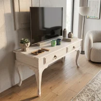 100 Cm Masif Çekmeceli Beyaz Eskitme Tv Sehpası