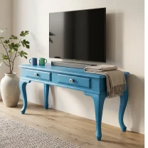 120 Cm Masif Çekmeceli Mavi Eskitme Tv Sehpası