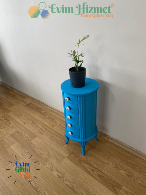 Masif 5 Çekmeceli Mavi Eskitme Komot - Görsel 2
