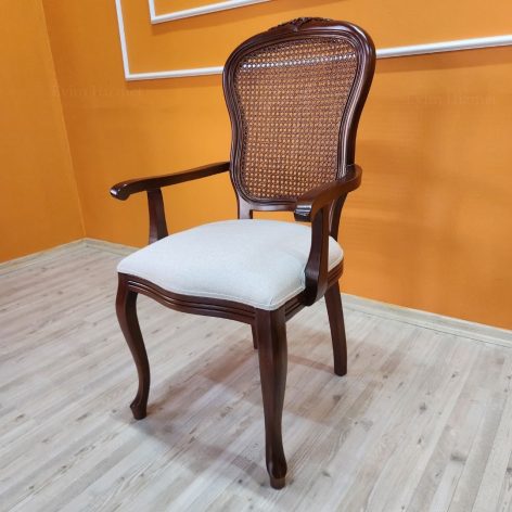 Evim Hizmet Klasik Ceviz Oymalı Hasırlı Kollu Sandalye