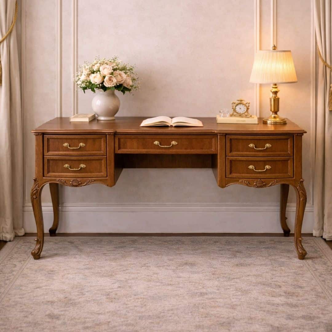 Evim Hizmet Ceviz Oymalı Kristal Çalışma Masası