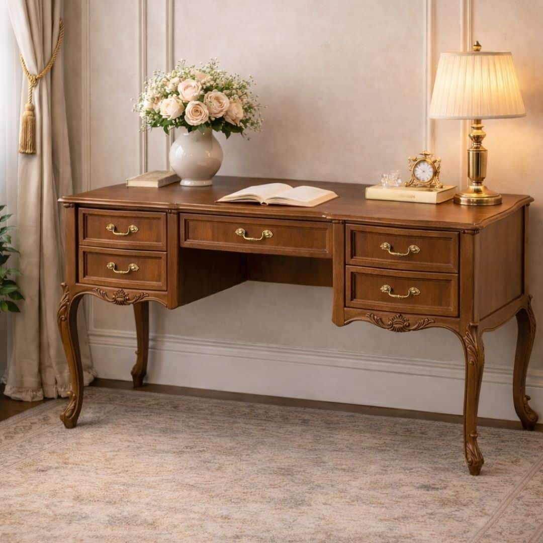 Evim Hizmet Ceviz Oymalı Kristal Çalışma Masası - Görsel 2