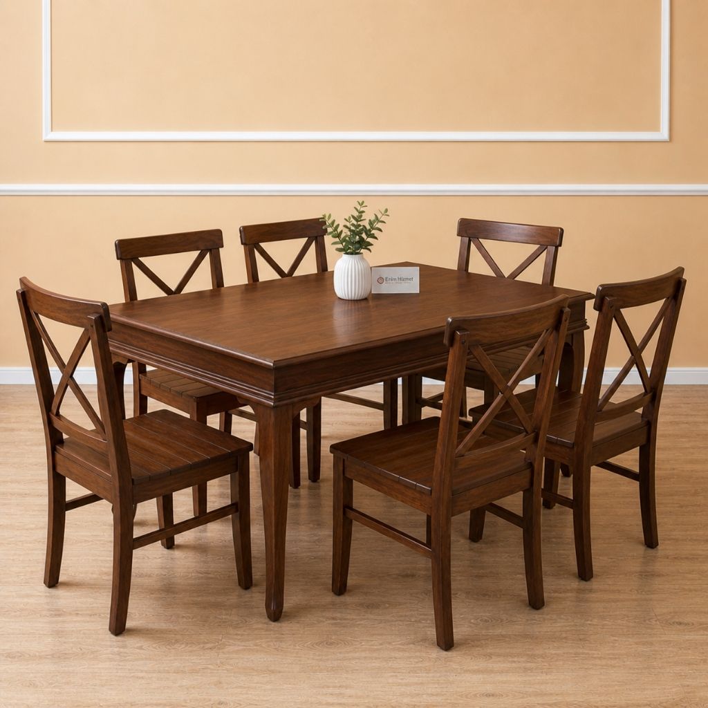 Evim Hizmet 120 Cm Ceviz Lükens Masa Çapraz Sandalye Takımı